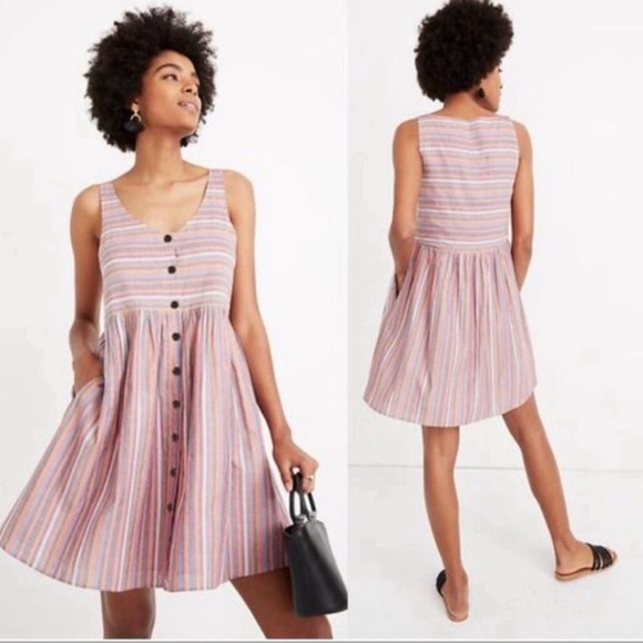 Madewell Rainbow Striped Mini Dress Scoop Neck Babydoll Tank Button Front Medium - Picture 1 of 9